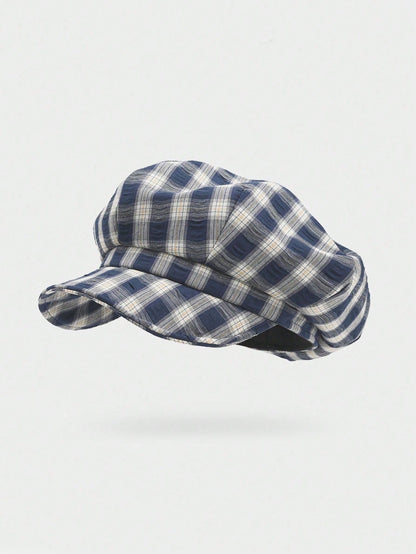 1pc Retro Plaid Beret Hat, Summer Painter Cap, Large Head Circumference, Cloud-Shaped, Octagonal, Vintage Style, Commuting Essential Checked Beret