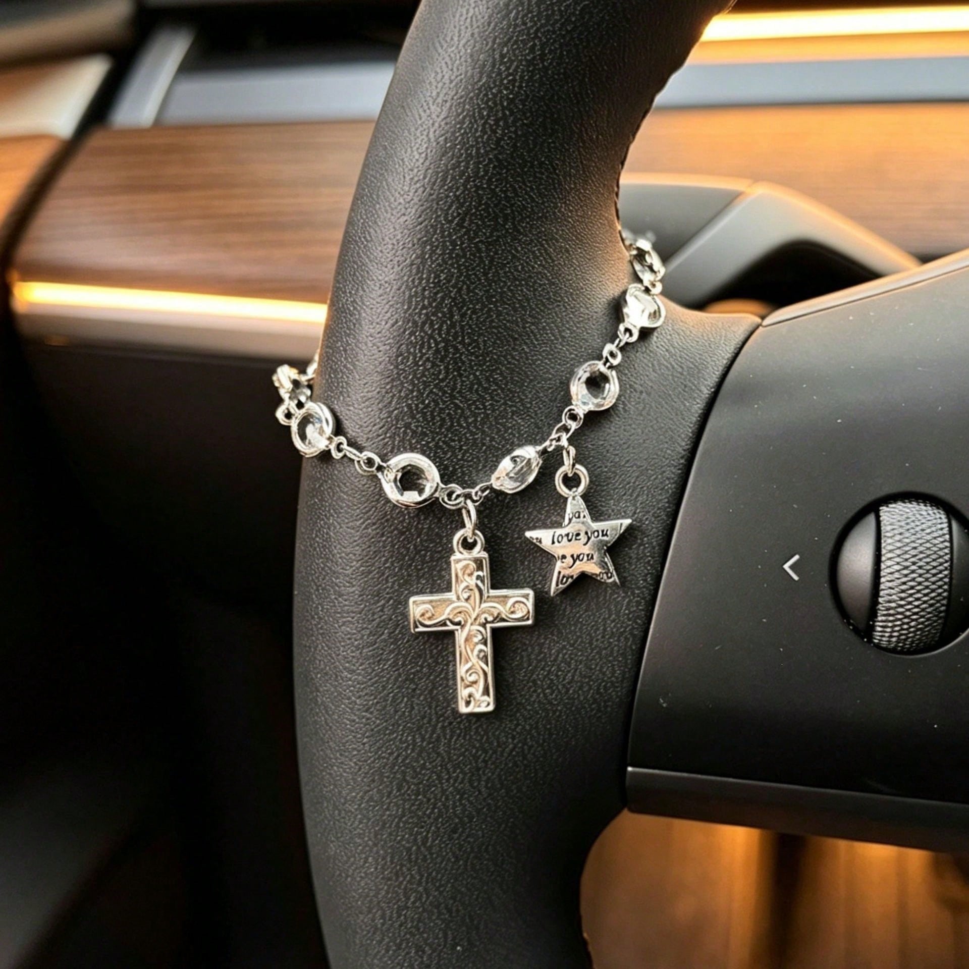 1pc Rhinestone Crystal Cross & Star Steering Wheel Pendant, Adjustable Car Interior Hanging Chain, Rearview Mirror Charm, Handbag/Backpack Accessory, Silver/Gold Women & Teen Girls Accessory, Back To