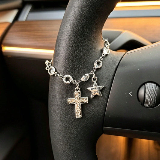 1pc Rhinestone Crystal Cross & Star Steering Wheel Pendant, Adjustable Car Interior Hanging Chain, Rearview Mirror Charm, Handbag/Backpack Accessory, Silver/Gold Women & Teen Girls Accessory, Back To
