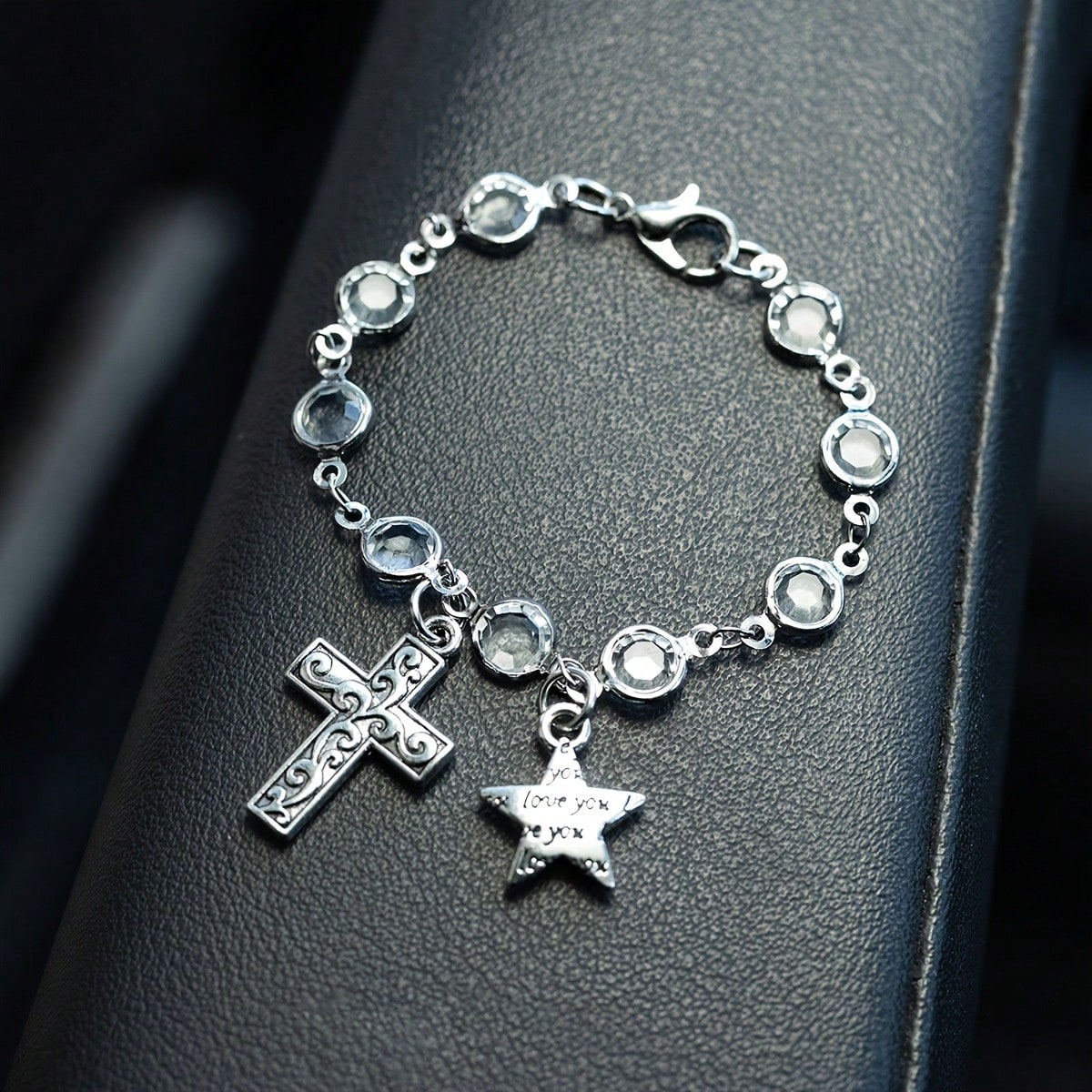 1pc Rhinestone Crystal Cross & Star Steering Wheel Pendant, Adjustable Car Interior Hanging Chain, Rearview Mirror Charm, Handbag/Backpack Accessory, Silver/Gold Women & Teen Girls Accessory, Back To