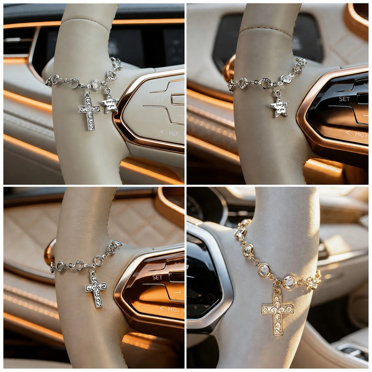 1pc Rhinestone Crystal Cross & Star Steering Wheel Pendant, Adjustable Car Interior Hanging Chain, Rearview Mirror Charm, Handbag/Backpack Accessory, Silver/Gold Women & Teen Girls Accessory, Back To