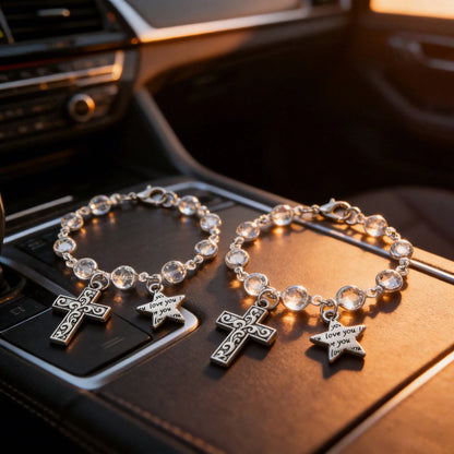 1pc Rhinestone Crystal Cross & Star Steering Wheel Pendant, Adjustable Car Interior Hanging Chain, Rearview Mirror Charm, Handbag/Backpack Accessory, Silver/Gold Women & Teen Girls Accessory, Back To