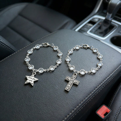 1pc Rhinestone Crystal Cross & Star Steering Wheel Pendant, Adjustable Car Interior Hanging Chain, Rearview Mirror Charm, Handbag/Backpack Accessory, Silver/Gold Women & Teen Girls Accessory, Back To