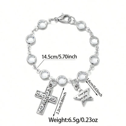 1pc Rhinestone Crystal Cross & Star Steering Wheel Pendant, Adjustable Car Interior Hanging Chain, Rearview Mirror Charm, Handbag/Backpack Accessory, Silver/Gold Women & Teen Girls Accessory, Back To