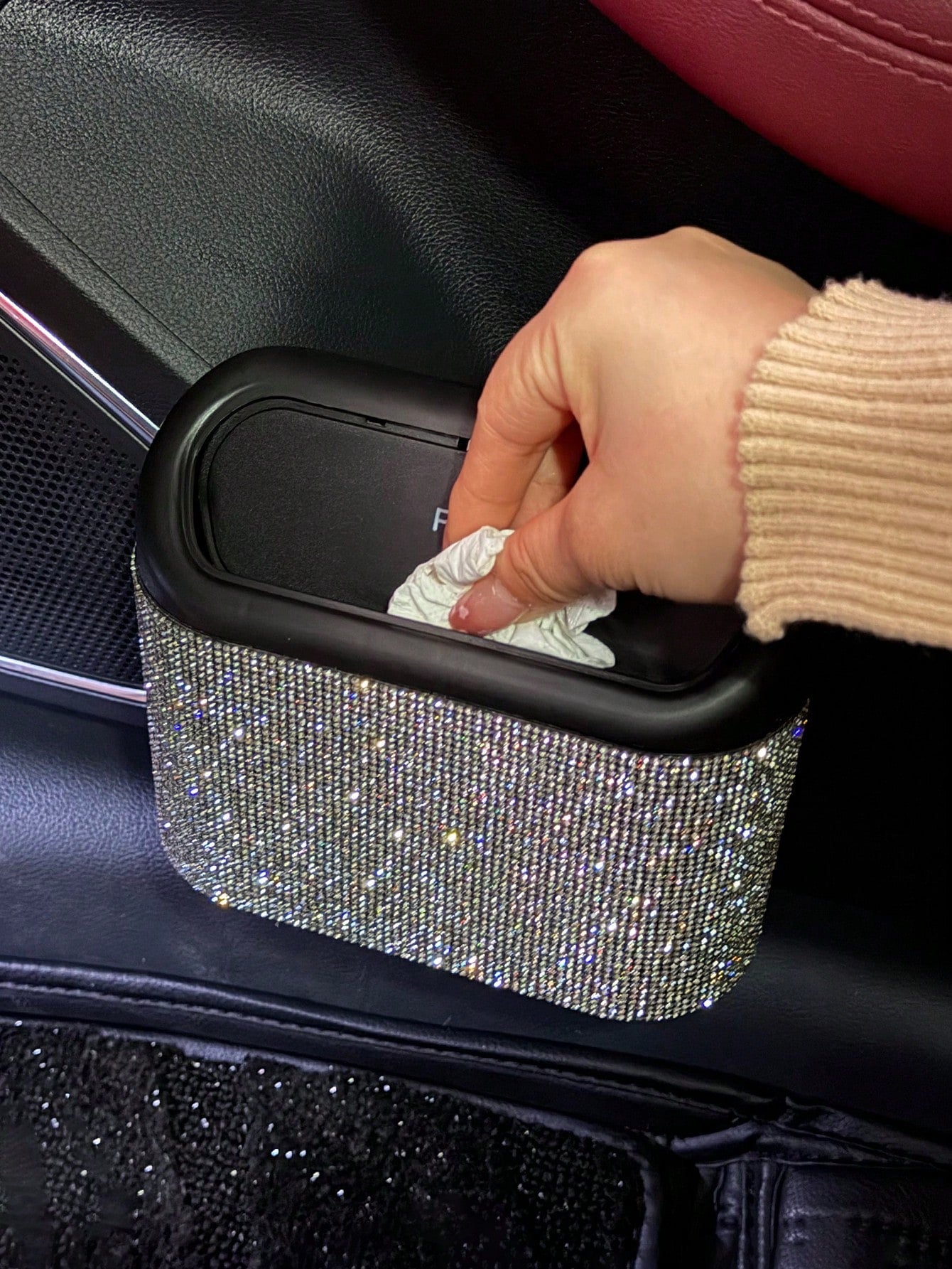 1pc Rhinestone Decorated Car Trash Can, Garbage Organizer,Room Decor