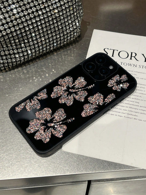 1pc Rhinestone Flower Inlaid Diamond Mirror Protective Phone Case, Comfortable Grip, Suitable For IPhone 17Pro Max/17pro/17air/17/16promax/16/16pro/16plus/15/15promax/15plus15pro/14promax/14pro/14/13p
