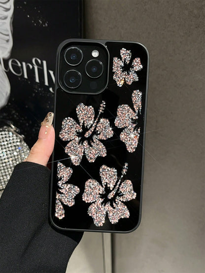 1pc Rhinestone Flower Inlaid Diamond Mirror Protective Phone Case, Comfortable Grip, Suitable For IPhone 17Pro Max/17pro/17air/17/16promax/16/16pro/16plus/15/15promax/15plus15pro/14promax/14pro/14/13p