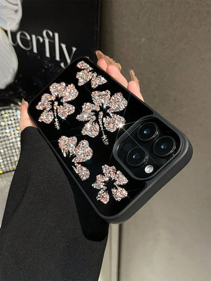 1pc Rhinestone Flower Inlaid Diamond Mirror Protective Phone Case, Comfortable Grip, Suitable For IPhone 17Pro Max/17pro/17air/17/16promax/16/16pro/16plus/15/15promax/15plus15pro/14promax/14pro/14/13p