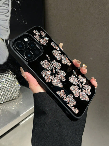 1pc Rhinestone Flower Inlaid Diamond Mirror Protective Phone Case, Comfortable Grip, Suitable For IPhone 17Pro Max/17pro/17air/17/16promax/16/16pro/16plus/15/15promax/15plus15pro/14promax/14pro/14/13p