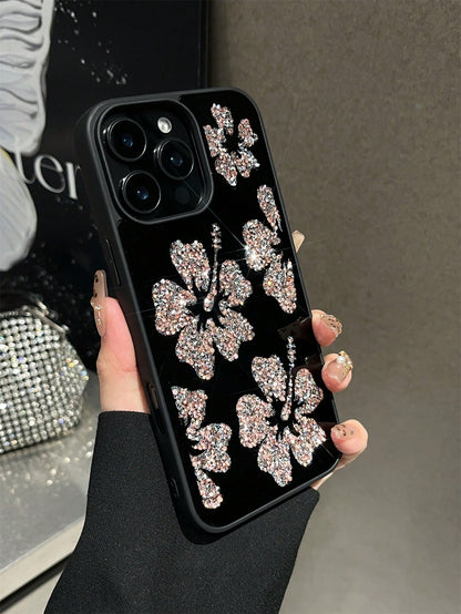 1pc Rhinestone Flower Inlaid Diamond Mirror Protective Phone Case, Comfortable Grip, Suitable For IPhone 17Pro Max/17pro/17air/17/16promax/16/16pro/16plus/15/15promax/15plus15pro/14promax/14pro/14/13p