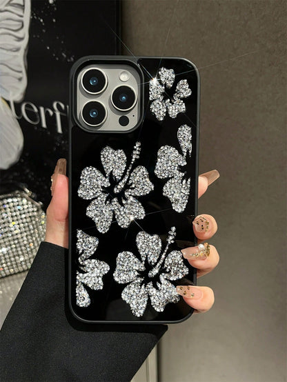 1pc Rhinestone Flower Inlaid Diamond Mirror Protective Phone Case, Comfortable Grip, Suitable For IPhone 17Pro Max/17pro/17air/17/16promax/16/16pro/16plus/15/15promax/15plus15pro/14promax/14pro/14/13p