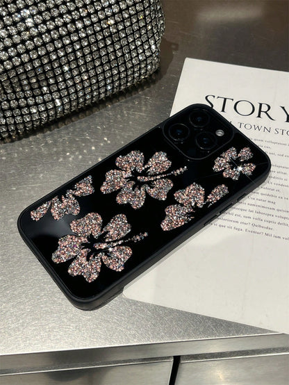 1pc Rhinestone Flower Inlaid Diamond Mirror Protective Phone Case, Comfortable Grip, Suitable For IPhone 17Pro Max/17pro/17air/17/16promax/16/16pro/16plus/15/15promax/15plus15pro/14promax/14pro/14/13p