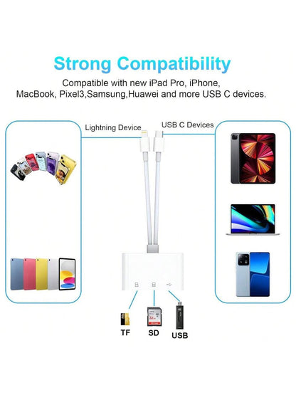 1pc SD Card Reader With Lightning + USB-C Interface, SD/TF/USB Card Reader Adapter Compatible With IPhone 17 Pro Max/17 Pro/17/Air/16/15/14/13/12/11, S25/S24/S23/S22/S21/S20 Ultra Plus, Cameras, Serie