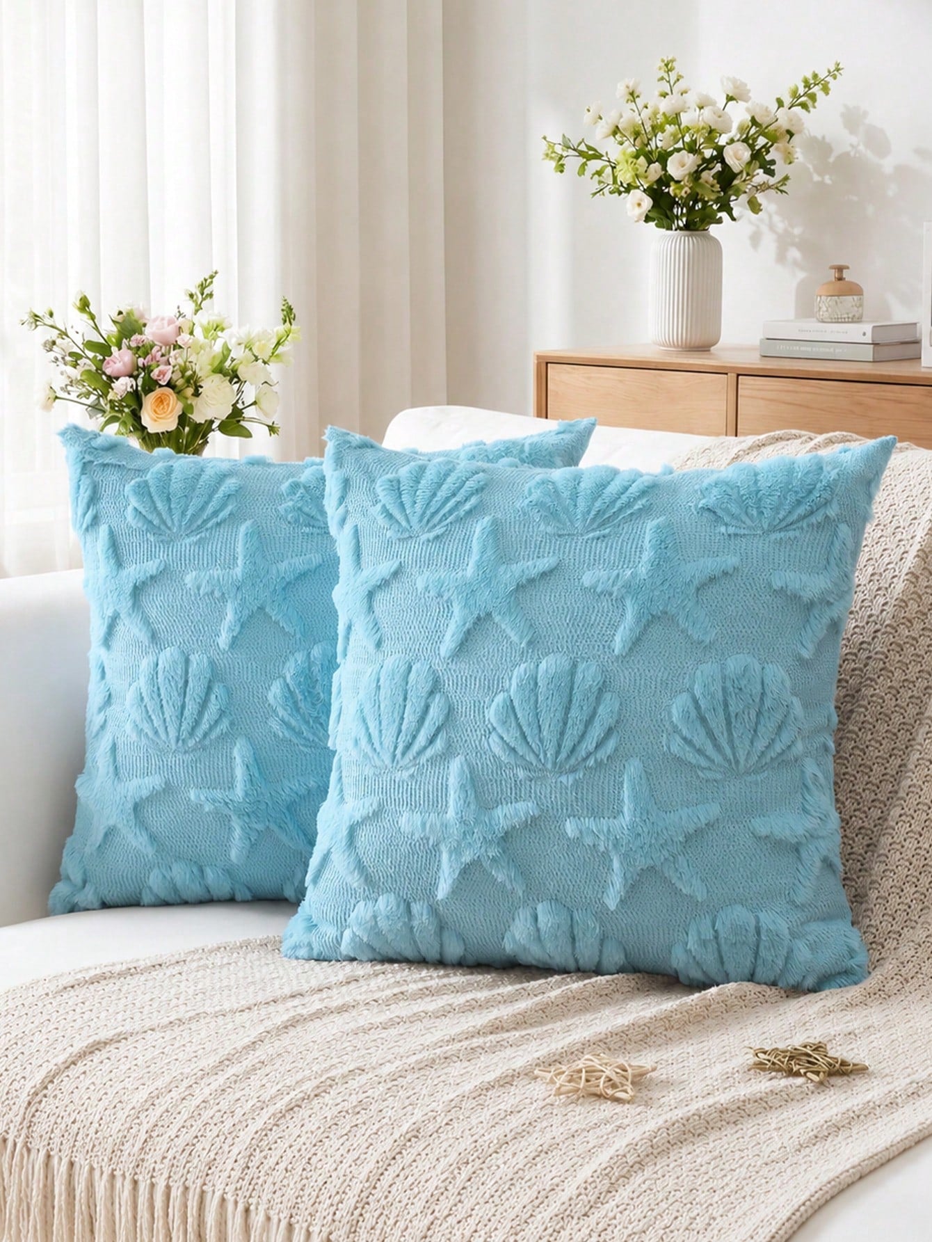 1PC Shell Starfish Throw Pillow Cover, Beach Seaside Cushion Covers For Sofa Square Spring Summer Soft Plush Short Wool Velvet Pillowcase Holiday Decor