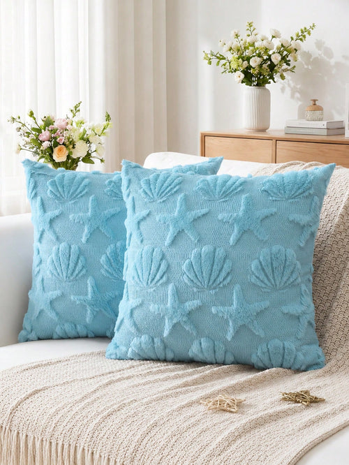 1PC Shell Starfish Throw Pillow Cover, Beach Seaside Cushion Covers For Sofa Square Spring Summer Soft Plush Short Wool Velvet Pillowcase Holiday Decor
