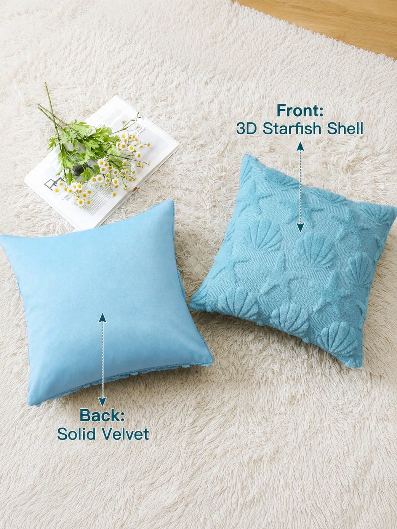1PC Shell Starfish Throw Pillow Cover, Beach Seaside Cushion Covers For Sofa Square Spring Summer Soft Plush Short Wool Velvet Pillowcase Holiday Decor