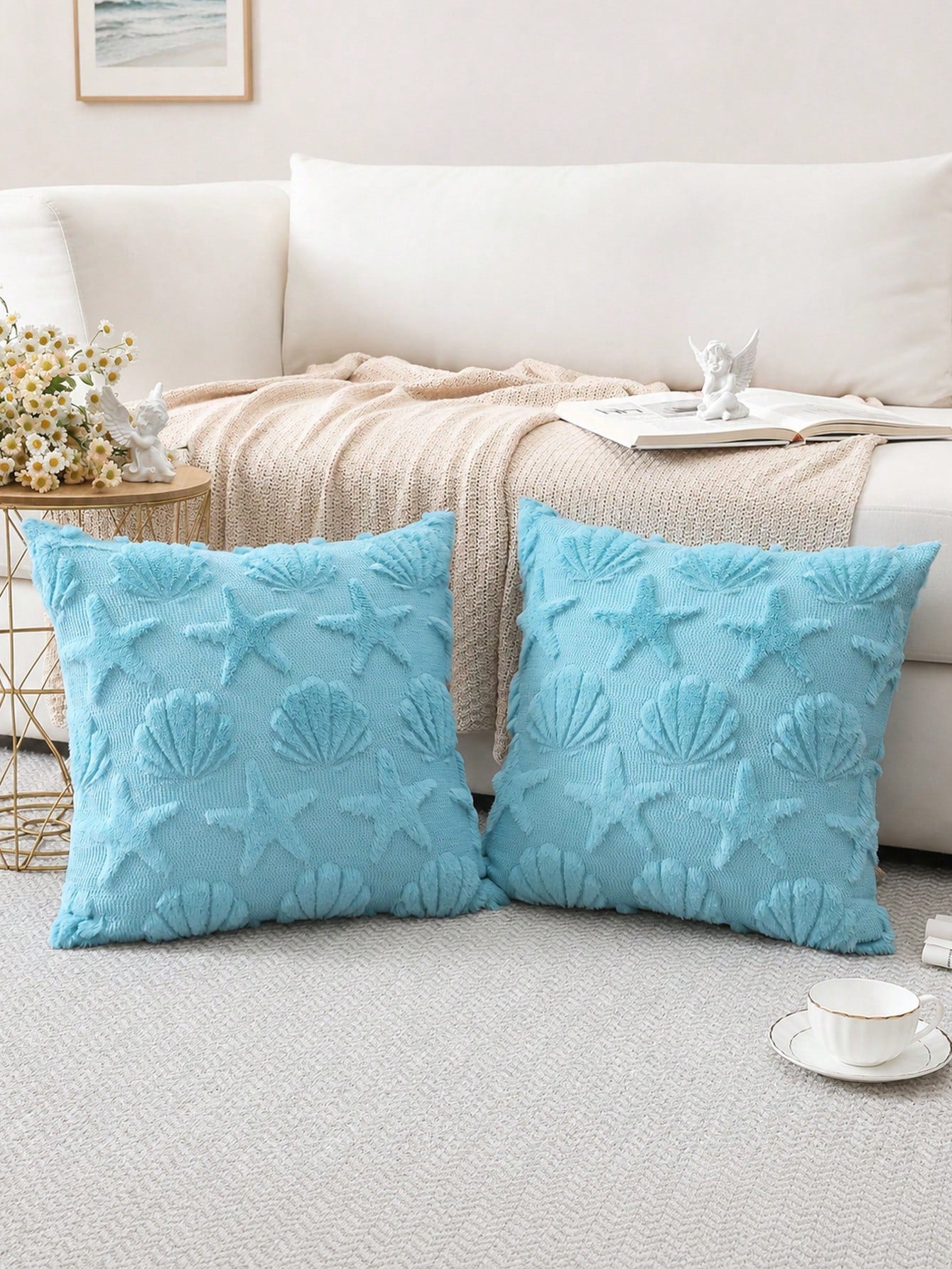 1PC Shell Starfish Throw Pillow Cover, Beach Seaside Cushion Covers For Sofa Square Spring Summer Soft Plush Short Wool Velvet Pillowcase Holiday Decor