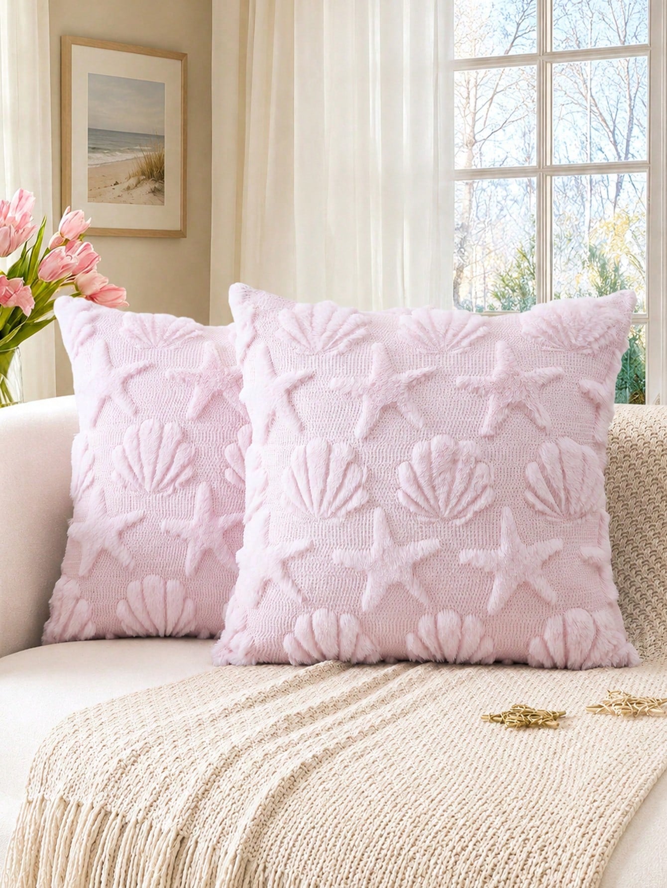 1PC Shell Starfish Throw Pillow Cover, Beach Seaside Cushion Covers For Sofa Square Spring Summer Soft Plush Short Wool Velvet Pillowcase Holiday Decor