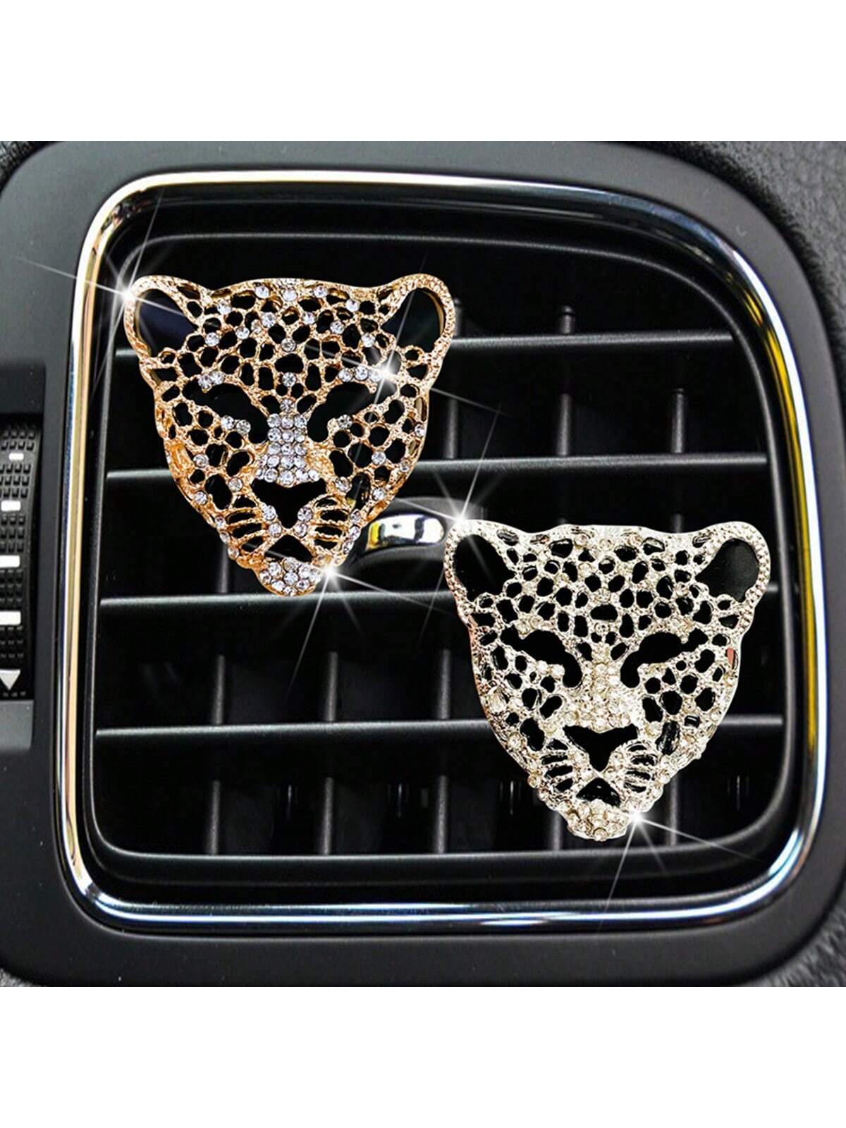 1pc Shiny Crystal Leopard Print Zinc Alloy Car Air Vent Clip, Cute Crystal Leopard Print Car Aromatherapy Air Vent Clip Decor, Sparkling Diamond Car Air Vent Clip, Glittering Car Air Conditioning Vent