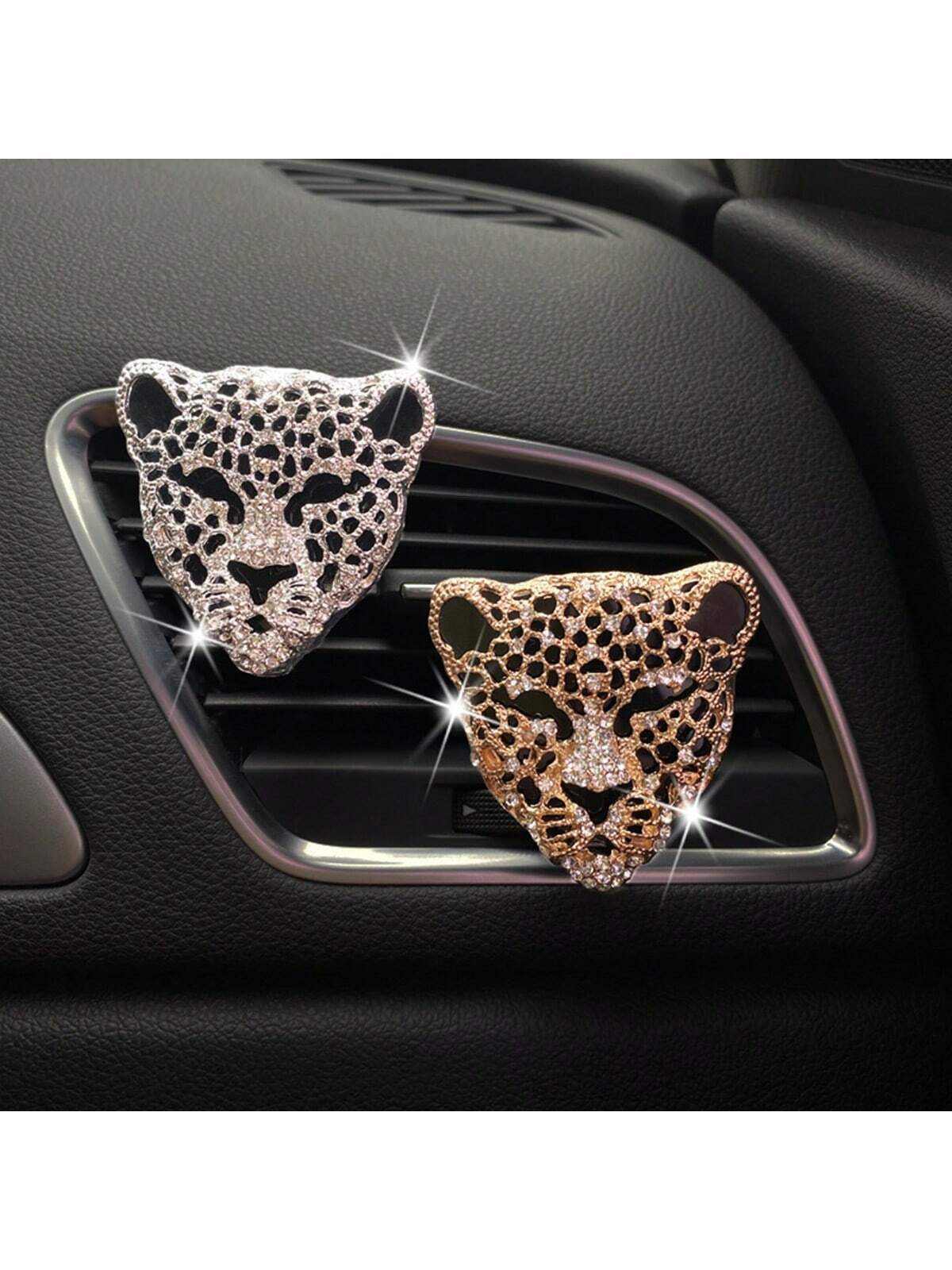 1pc Shiny Crystal Leopard Print Zinc Alloy Car Air Vent Clip, Cute Crystal Leopard Print Car Aromatherapy Air Vent Clip Decor, Sparkling Diamond Car Air Vent Clip, Glittering Car Air Conditioning Vent