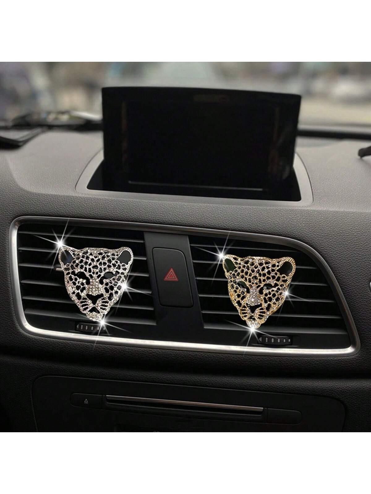 1pc Shiny Crystal Leopard Print Zinc Alloy Car Air Vent Clip, Cute Crystal Leopard Print Car Aromatherapy Air Vent Clip Decor, Sparkling Diamond Car Air Vent Clip, Glittering Car Air Conditioning Vent