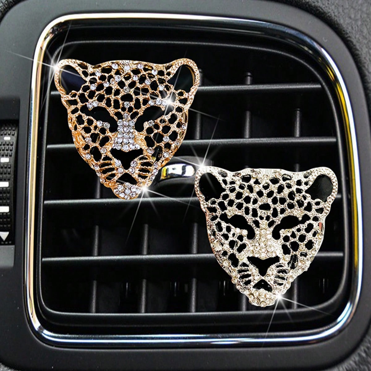 1pc Shiny Crystal Leopard Print Zinc Alloy Car Air Vent Clip, Cute Crystal Leopard Print Car Aromatherapy Air Vent Clip Decor, Sparkling Diamond Car Air Vent Clip, Glittering Car Air Conditioning Vent