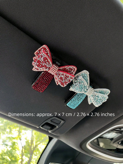 1pc Shiny Rhinestone Bow Car Sun Visor Glasses Clip, Glasses Clip, Car Fashion Glasses Clip