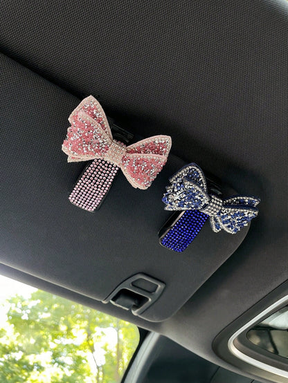 1pc Shiny Rhinestone Bow Car Sun Visor Glasses Clip, Glasses Clip, Car Fashion Glasses Clip