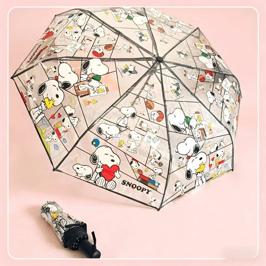 1pc Snoopy Print Transparent Folding Umbrella, Cute Portable Transparent Umbrella For Women And Girls