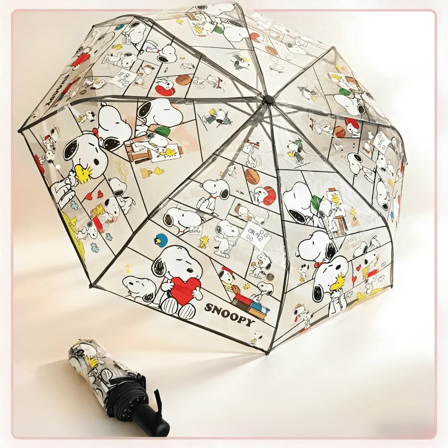 1pc Snoopy Print Transparent Folding Umbrella, Cute Portable Transparent Umbrella For Women And Girls