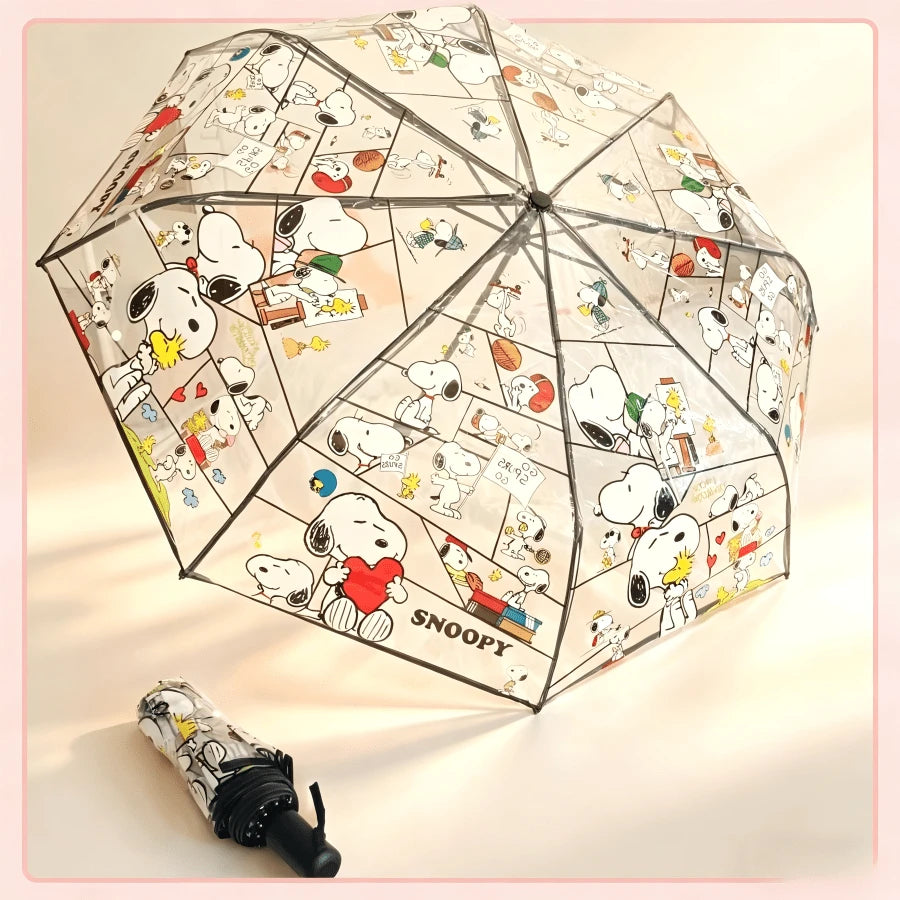 1pc Snoopy Print Transparent Folding Umbrella, Cute Portable Transparent Umbrella For Women And Girls