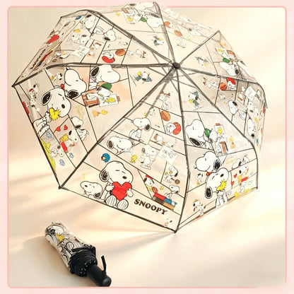 1pc Snoopy Print Transparent Folding Umbrella, Cute Portable Transparent Umbrella For Women And Girls