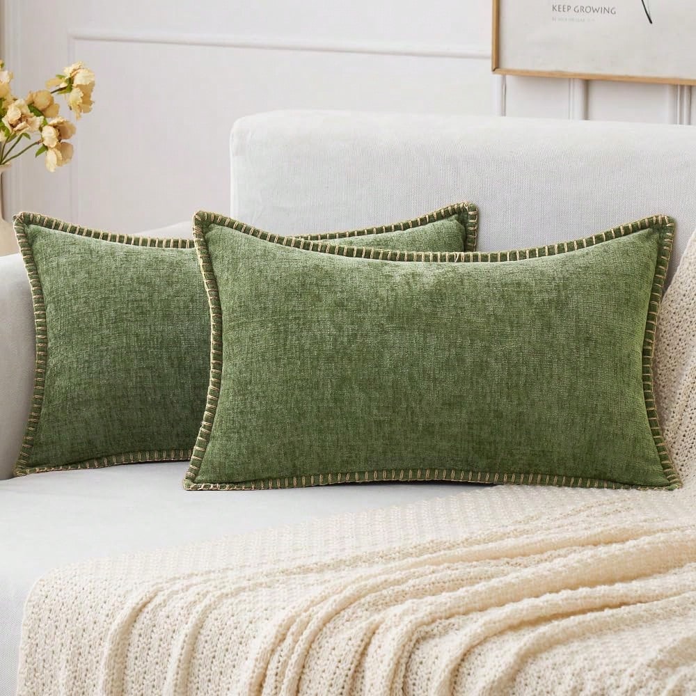 1pc Soft & Comfortable Sage Green Double-Sided Chenille Throw Pillow Cover (No Filling), Farmhouse Velvet Cushion Cover, Decorative Square Pillow Sham, Suitable For Sofa & Bed, Spring/Summer