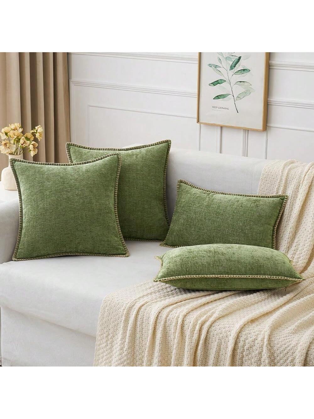 1pc Soft & Comfortable Sage Green Double-Sided Chenille Throw Pillow Cover (No Filling), Farmhouse Velvet Cushion Cover, Decorative Square Pillow Sham, Suitable For Sofa & Bed, Spring/Summer