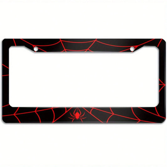 1pc Spider Web License Plate Frame, Novelty Car License Plate Holder, With 2 Holes, Aluminum Cover With Screw Caps, Unisex Car Decoration, 6.3 X 12.2inch,License Plate,Car Decor,Birthday Gifts,Valenti