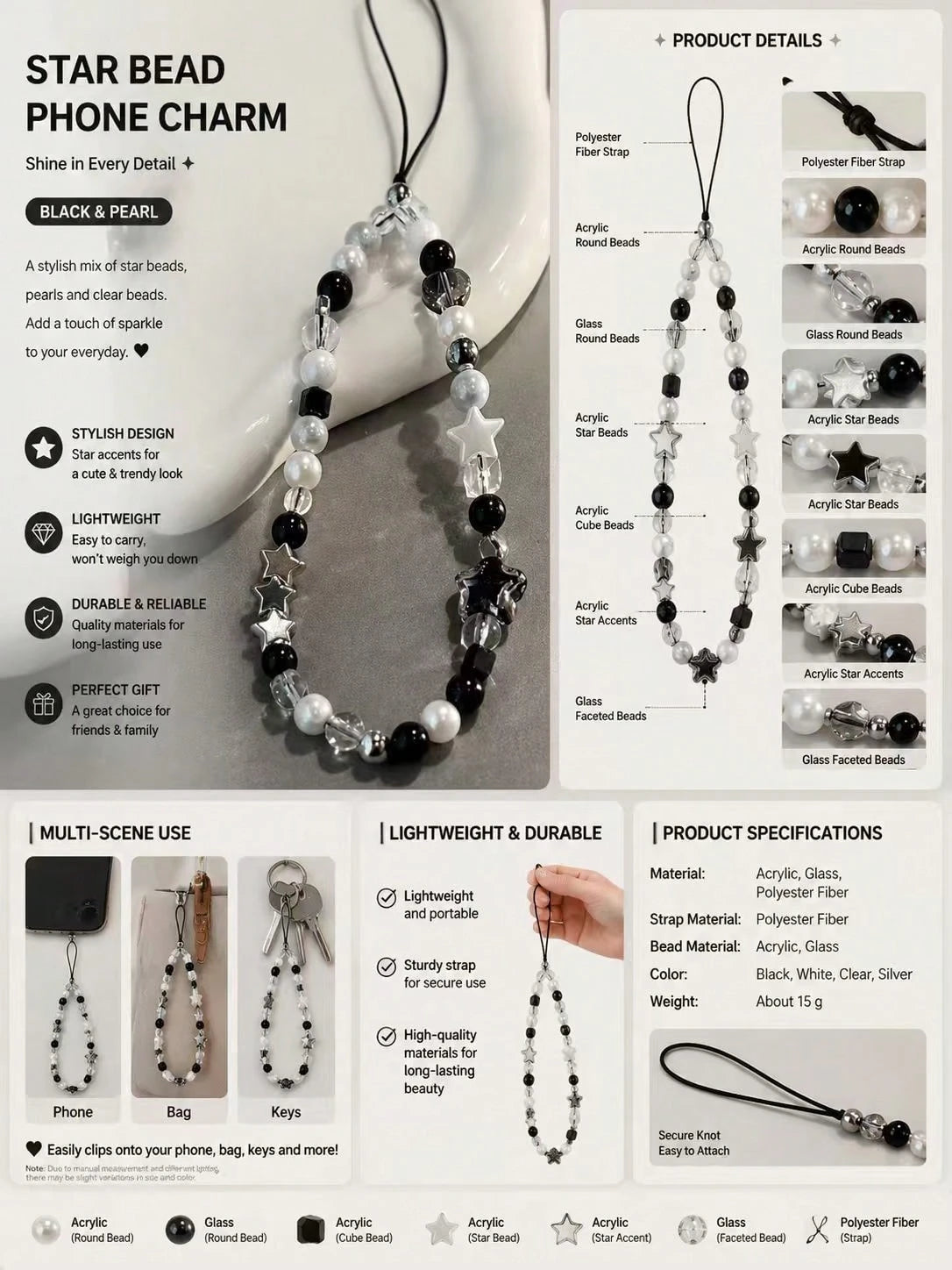 1pc Starry Phone Chain, Transparent Acrylic, Handmade Beaded Camera Strap, Phone Accessory, Phone Lanyard, Smartphone Wristband, Smartphone Crossbody Bag (Actual Size May Slightly Differ From Photo Du