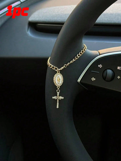 1pc Steering Wheel Decor, 15cm Adjustable Length, Minimalist, Cute, Creative Rosary Bead Car Pendant Accessory, Unique Fashion Car Hanging Decoration