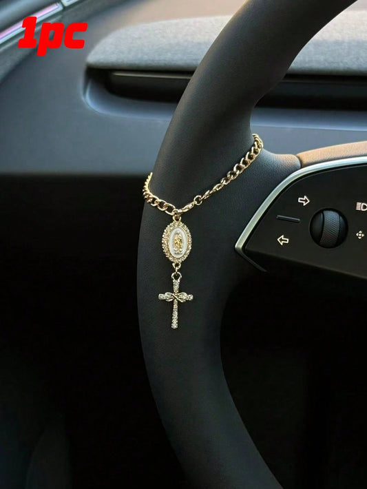 1pc Steering Wheel Decor, 15cm Adjustable Length, Minimalist, Cute, Creative Rosary Bead Car Pendant Accessory, Unique Fashion Car Hanging Decoration