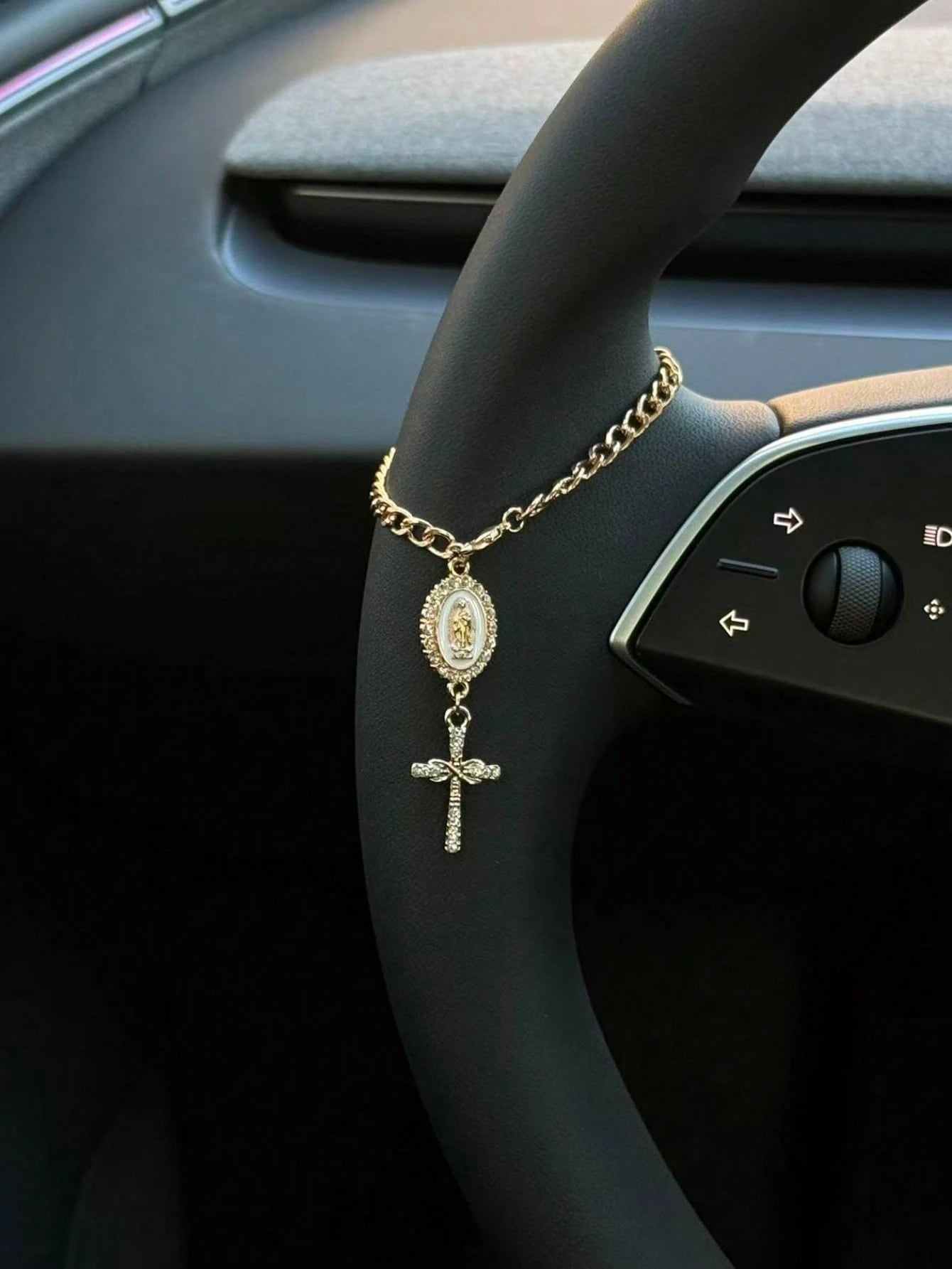 1pc Steering Wheel Decor, 15cm Adjustable Length, Minimalist, Cute, Creative Rosary Bead Car Pendant Accessory, Unique Fashion Car Hanging Decoration