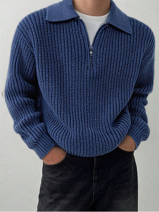 1pc Teen Boys' Simple Stylish Solid Color Comfortable Casual Outdoor Zip-Up Warm Thick Knit Sweater, Spring/Autumn/Winter