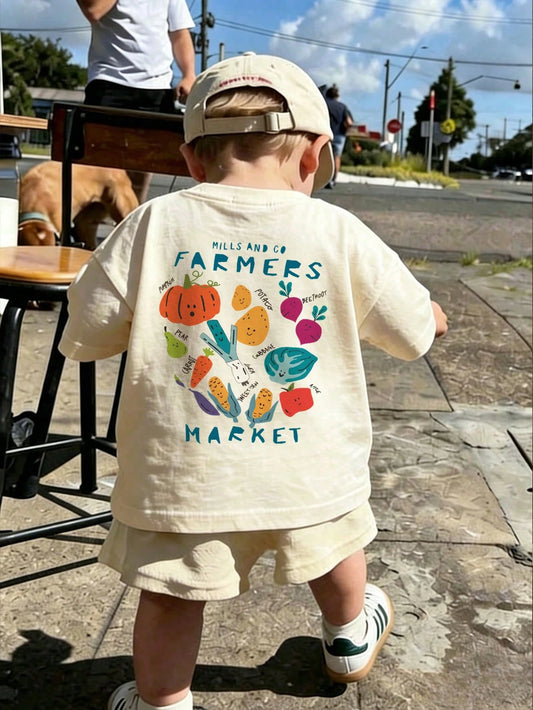 1pc Toddler Boys' Farmers Market Fruit & Vegetable Print Short Sleeve T-Shirt, Casual Round Neck Top, Breathable Cute Outfit For Baby Daily Wear, School, Outing, Comfortable Farming Style Casual Child