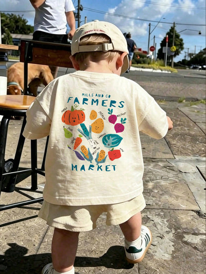 1pc Toddler Boys' Farmers Market Fruit & Vegetable Print Short Sleeve T-Shirt, Casual Round Neck Top, Breathable Cute Outfit For Baby Daily Wear, School, Outing, Comfortable Farming Style Casual Child