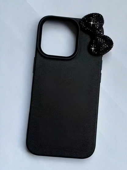 1pc TPU Leather Luxury Black Bow Element Fashion Shiny 3D Bow Luxury DIY Black Matte Crocodile Texture Full Body Shockproof TPU Phone Case Compatible With IPhone 17 16 15 14 13 12 11 Pro Max Birthday