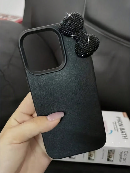 1pc TPU Leather Luxury Black Bow Element Fashion Shiny 3D Bow Luxury DIY Black Matte Crocodile Texture Full Body Shockproof TPU Phone Case Compatible With IPhone 17 16 15 14 13 12 11 Pro Max Birthday