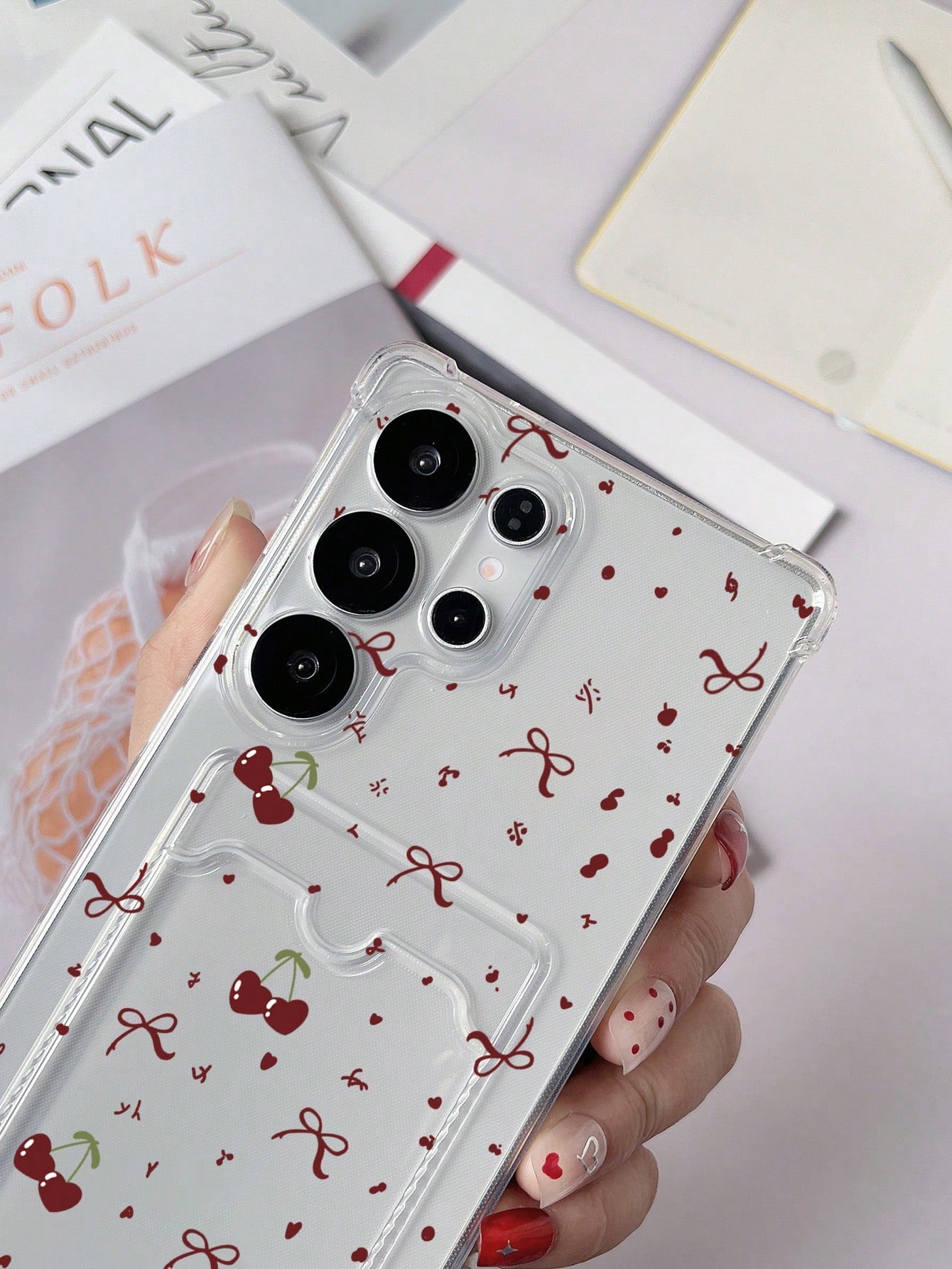 1pc Transparent Four-Corner Anti-Drop Card Holder Phone Case With Painted Heart Cherry Bow Pattern TPU Material Compatible With IPhone 15/15pro/15plus/15promax/16/16pro/16plus/16promax/17/17pro/17prom