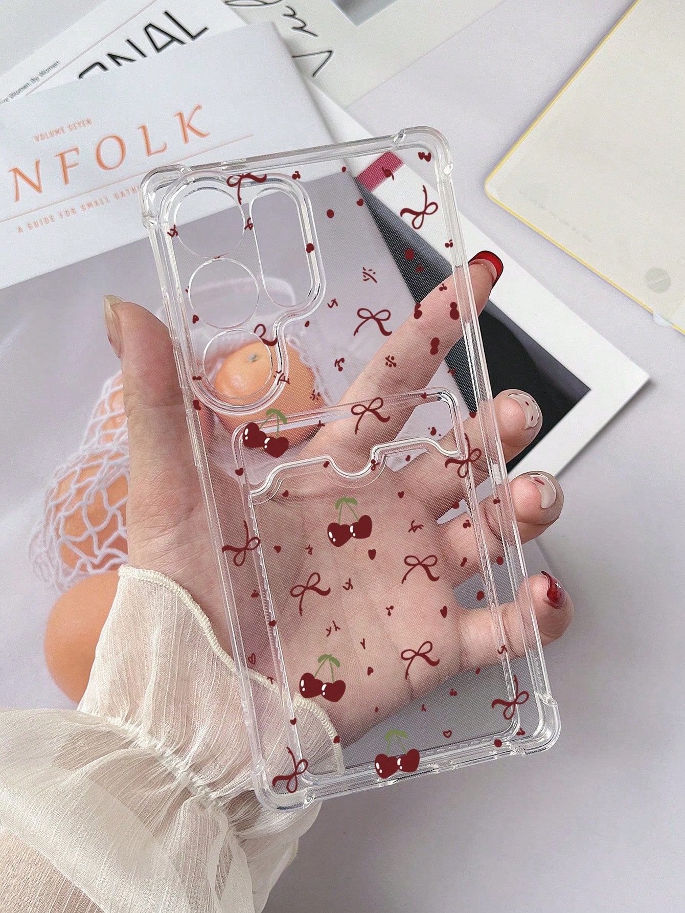 1pc Transparent Four-Corner Anti-Drop Card Holder Phone Case With Painted Heart Cherry Bow Pattern TPU Material Compatible With IPhone 15/15pro/15plus/15promax/16/16pro/16plus/16promax/17/17pro/17prom