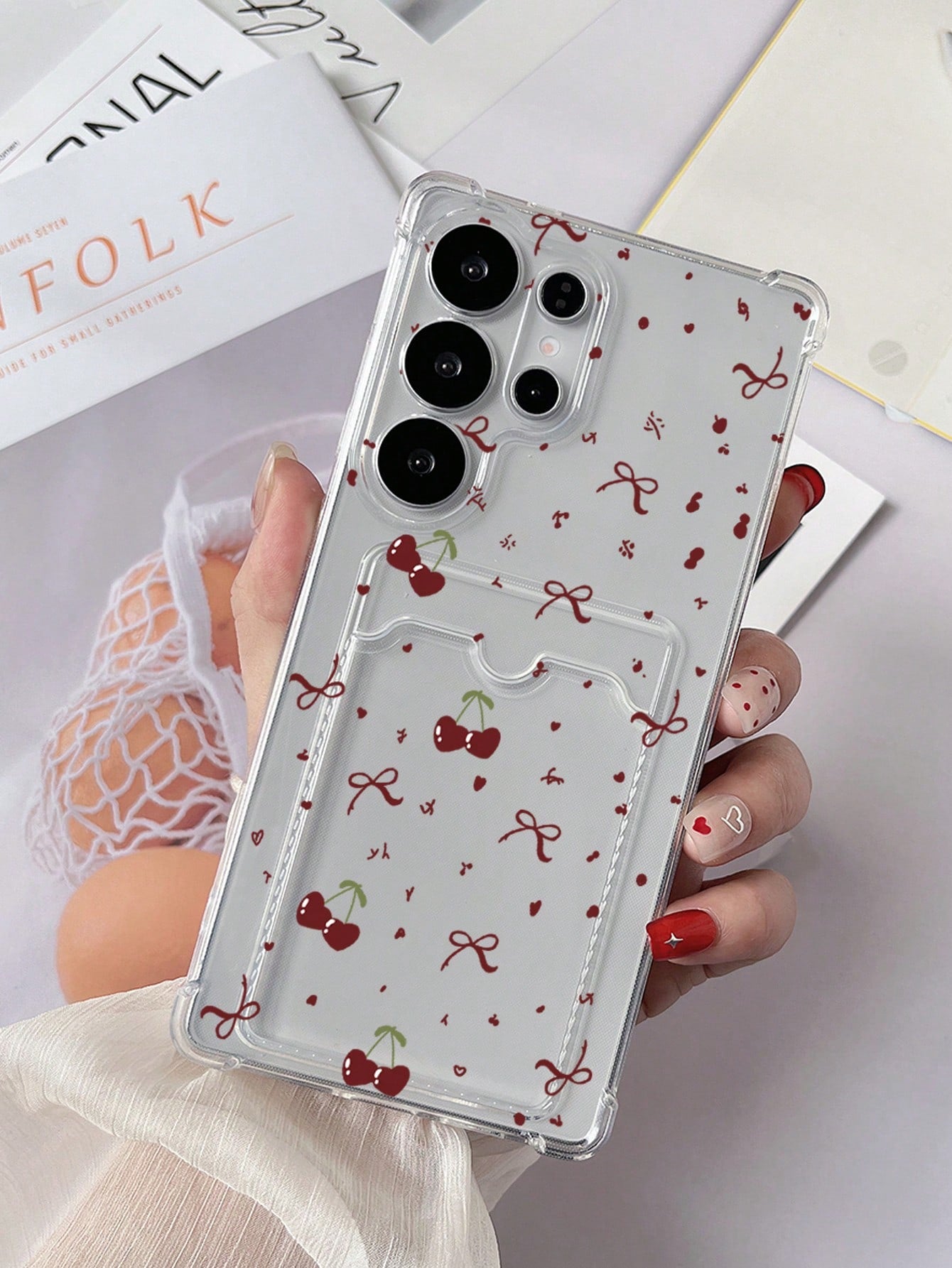 1pc Transparent Four-Corner Anti-Drop Card Holder Phone Case With Painted Heart Cherry Bow Pattern TPU Material Compatible With IPhone 15/15pro/15plus/15promax/16/16pro/16plus/16promax/17/17pro/17prom