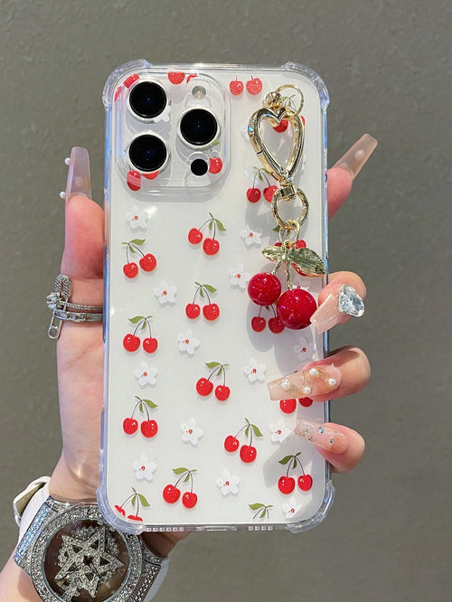 1pc Transparent Solid Color Phone Case With Camera Protection And Cute Cartoon Cherry Pattern, With Cherry Pendant Charm, Compatible With Iphone18/18Pro/17Promax/17/17Air/17pro/17promax/16/16Pro/16plu