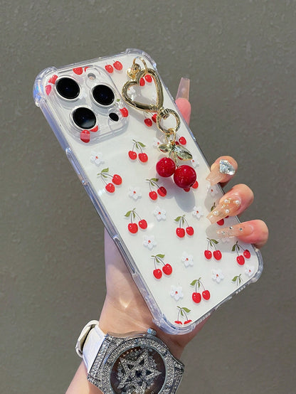 1pc Transparent Solid Color Phone Case With Camera Protection And Cute Cartoon Cherry Pattern, With Cherry Pendant Charm, Compatible With Iphone18/18Pro/17Promax/17/17Air/17pro/17promax/16/16Pro/16plu