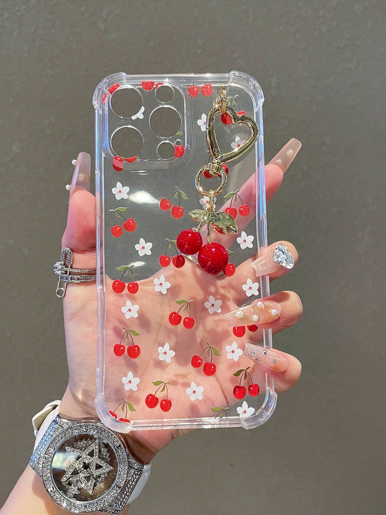 1pc Transparent Solid Color Phone Case With Camera Protection And Cute Cartoon Cherry Pattern, With Cherry Pendant Charm, Compatible With Iphone18/18Pro/17Promax/17/17Air/17pro/17promax/16/16Pro/16plu